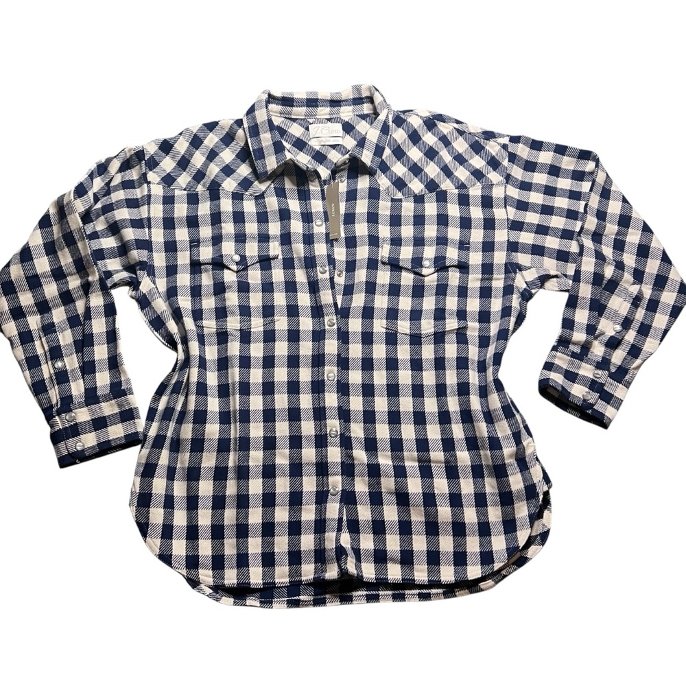 J. Crew Navy and White Plaid Button Down Shacket Women Size 12 / Large NWT